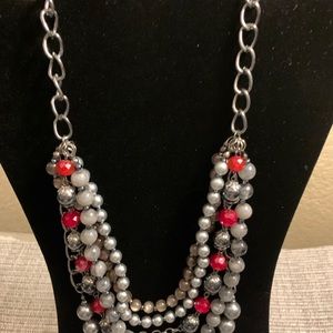 Multi-layer Bib Necklace in Silver, Red and Black